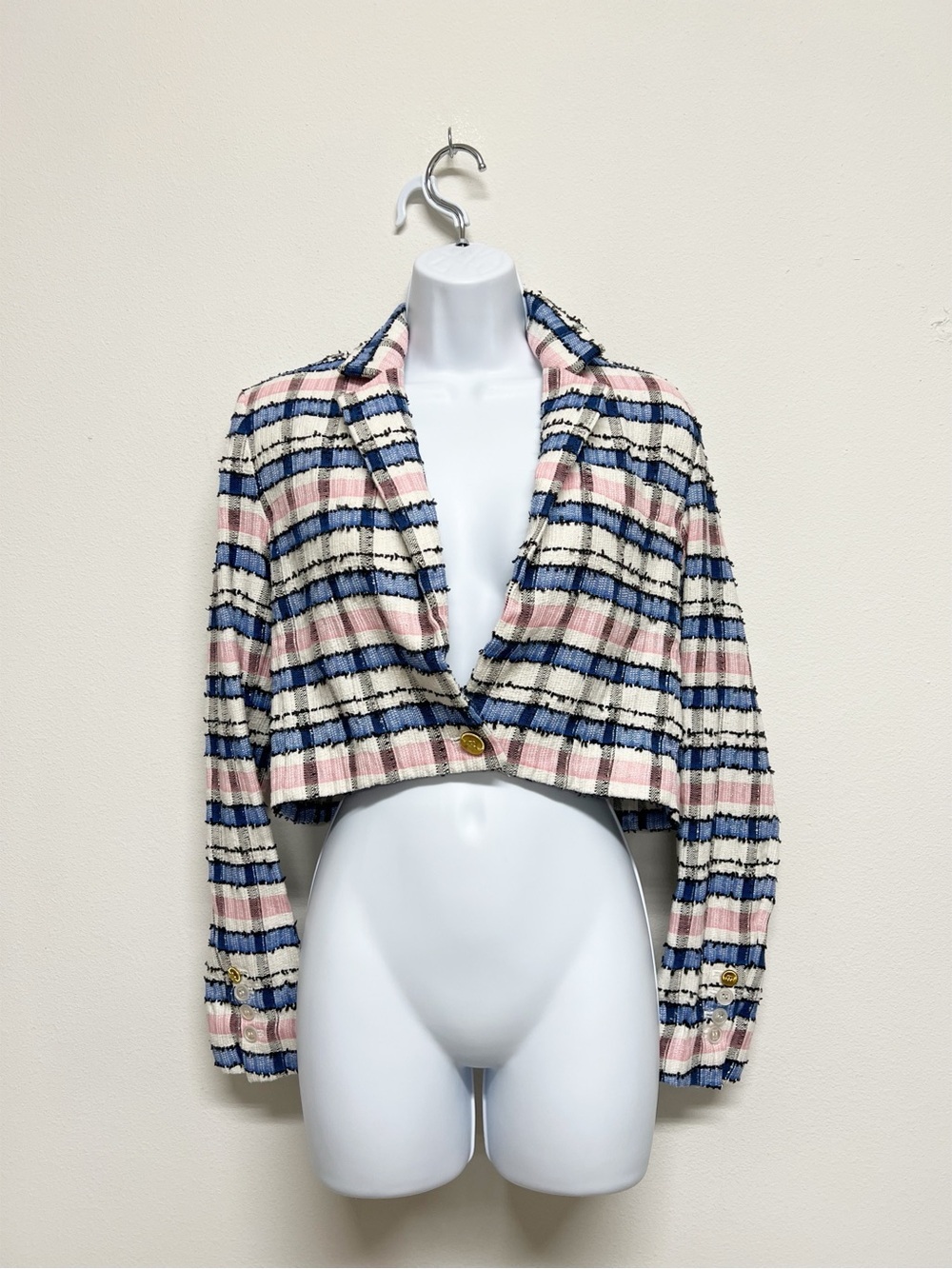 EENK Womens Ivory Pink Blue Preppy Single Breasted Short Tweed Jacket Size S - Picture 2 of 12